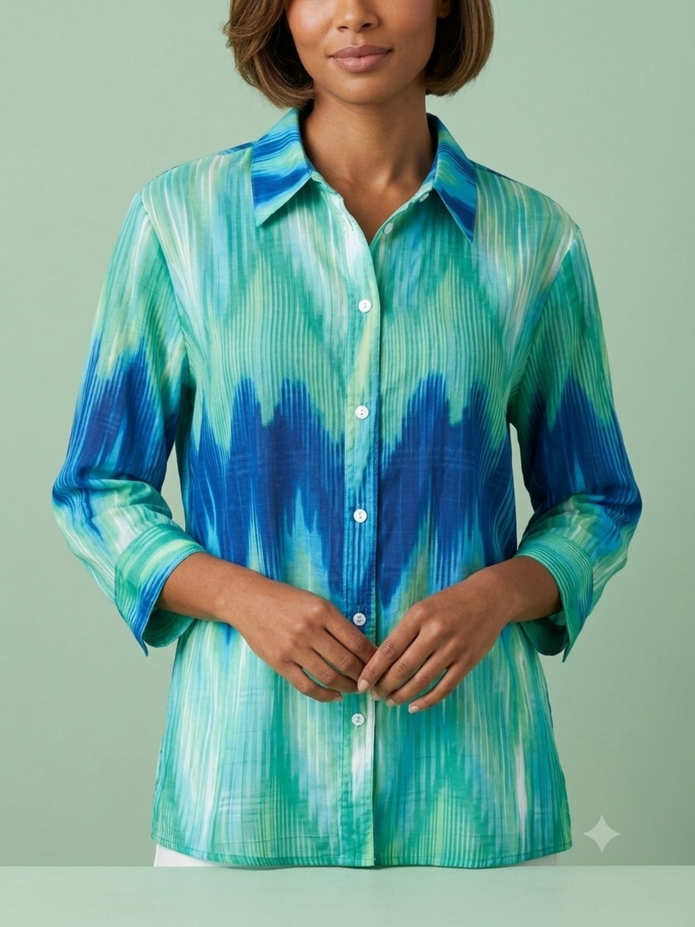 Alia Blue Green Tie-Dye Button-Down Shirt 18P